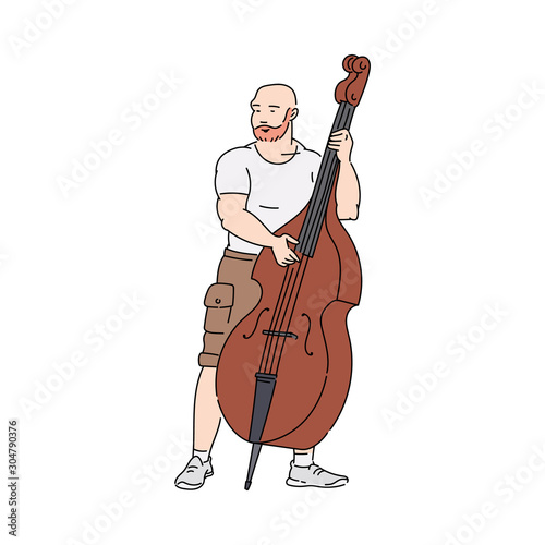 Cartoon man playing music on big double bass or cello - isolated street musician