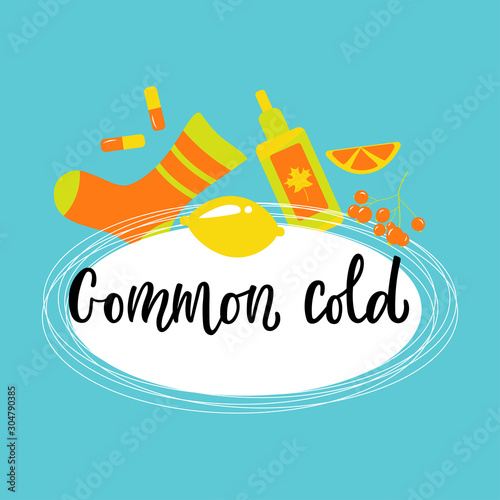10.  Handwritten COMMON COLD with varios means and mediciness on blue background. Vector illustration in flat cartoon style.