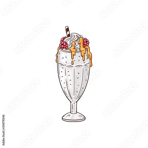 Hand drawn milkshake topped with whipped cream, red berries and caramel syrup