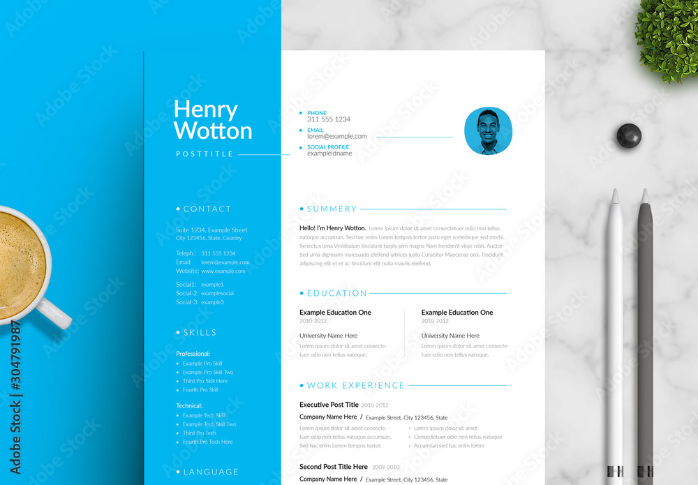 Resume and Cover Letter Layout Set with Blue Sidebar Element Stock