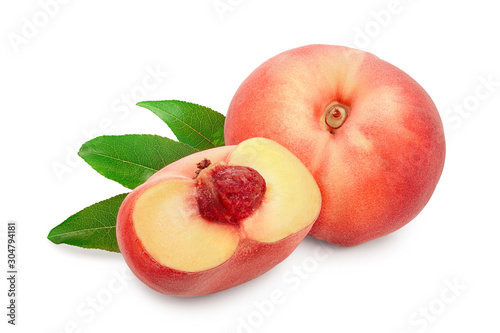Ripe chinese flat peach fruit and half with leaf isolated on white background