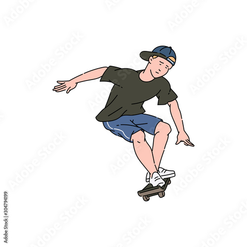 Character of teenager jumps on skateboard, sketch vector illustration isolated.