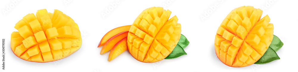 Mango fruit half with leaves and slices isolated on white background close-up. Set or collection