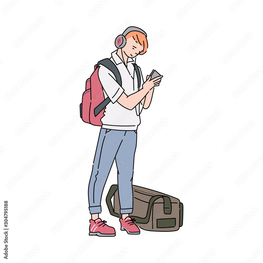 Traveler man with bags waits for transport, sketch vector illustration isolated.
