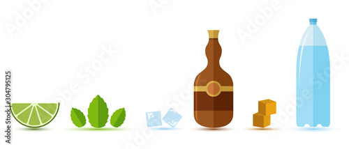Popular alcoholic cocktail Mojito, ingredients in flat style.