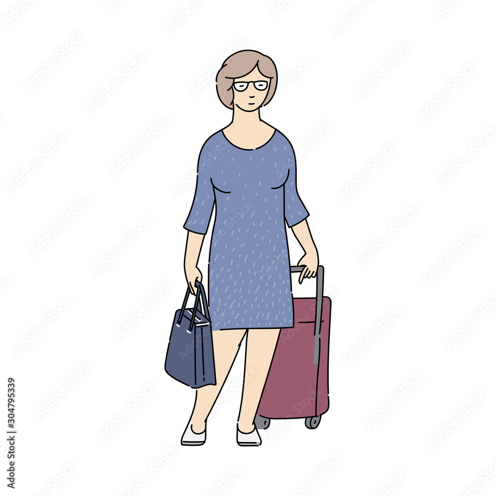 Woman with luggage waiting for transport, sketch vector illustration isolated. Woman with luggage waiting for transport, sketch vector illustration isolated.