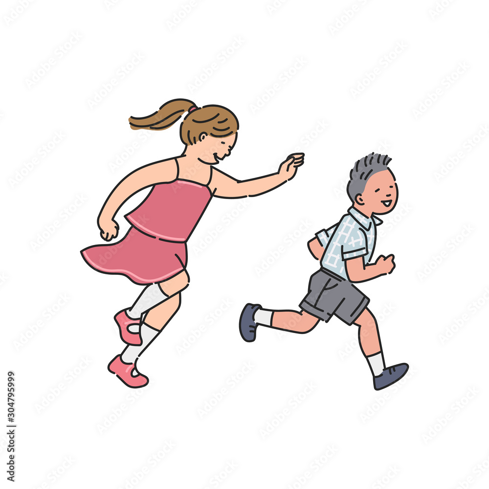 Cute cartoon children running around - little boy and girl laughing