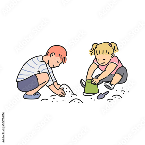Preschool age children playing in sandbox  sketch vector illustration isolated.