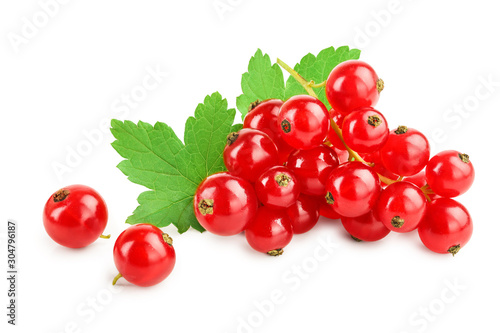 Red currant berries with leaf isolated on white background