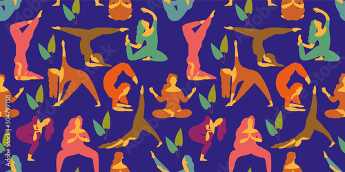 Yoga seamless pattern. Women do yoga position. Women silhouettes set. Vector
