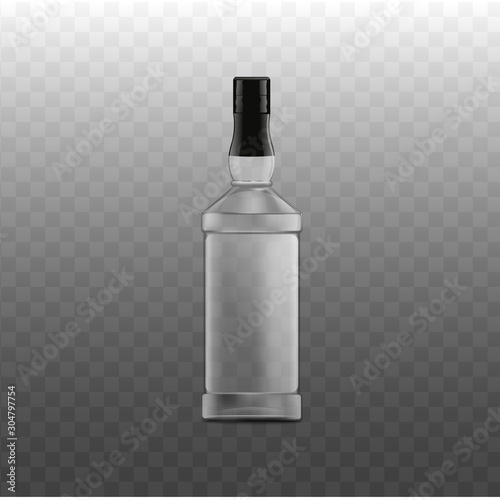 Realistic clear glass bottle of vodka without label - isolated blank mockup