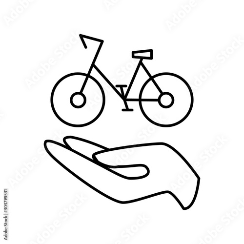 Bike rental and sharing. Line icon bike with palm of hand. Public bicycle for personal use. Rent and share transport. Editable outline stroke linear icon. Thin vector black contour.