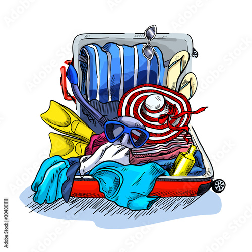 Overpacked messy suitcase, full of vacation items