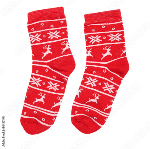 Red christmas socks isolated on white.