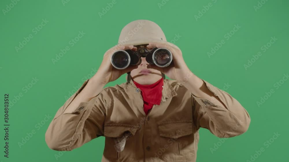 Adult Man Explorer Looking Through Binoculars Adult Man Explorer Looking Through Binoculars
