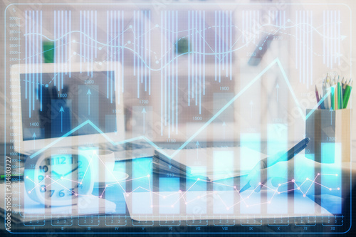 Financial graph displayed on woman's hand taking notes background. Concept of research. Multi exposure