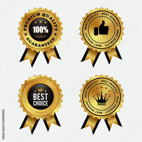 Set of premium quality golden labels with ribbon isolated on white background - vector