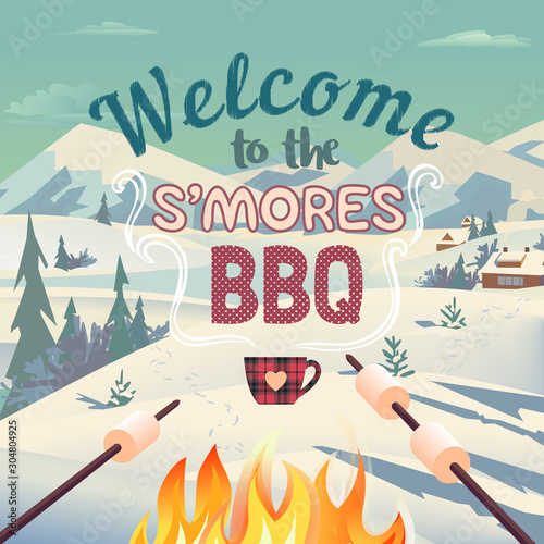 S'mores winter BBQ welcome vector poster