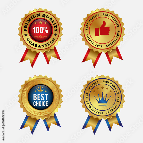 Set of premium quality golden labels with ribbon isolated on white background - vector