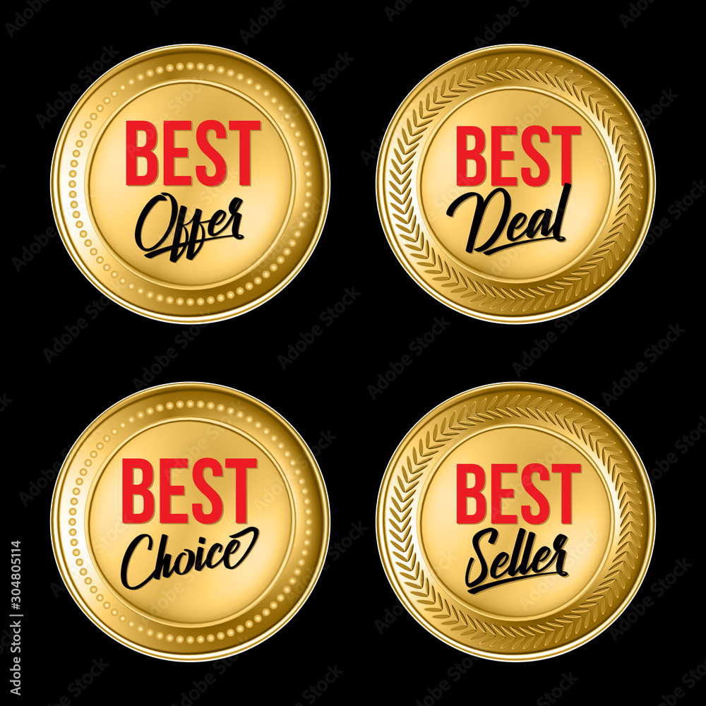 Set of premium quality, Best offer, Best Deal, Best Choice and Best seller golden labels isolated on black background - vector