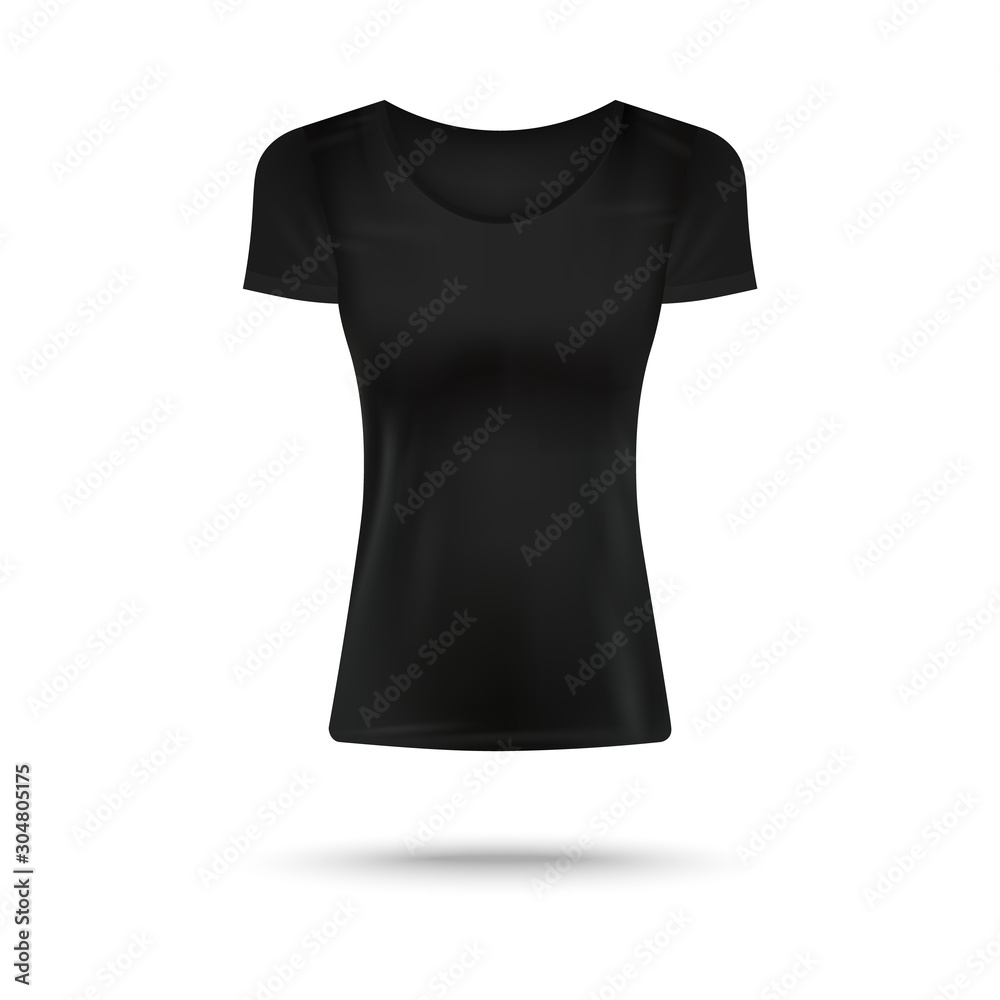 Woman black crew neck T-shirt realistic template, vector illustration isolated.