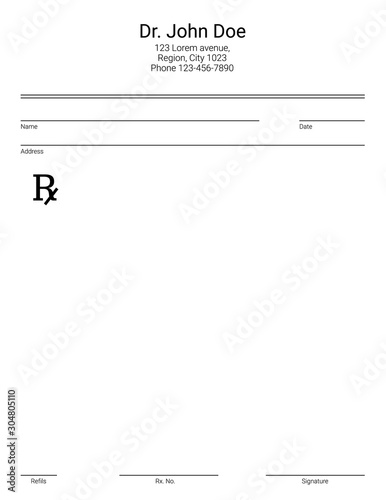 Blank Rx form for medical treatment prescription and drugs list.