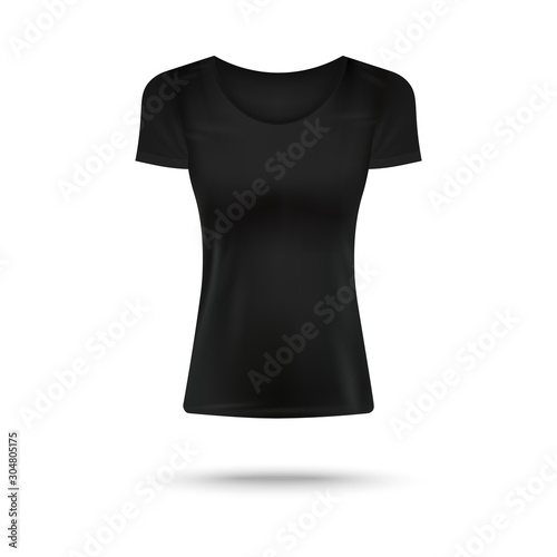 Woman black crew neck T-shirt realistic template, vector illustration isolated.