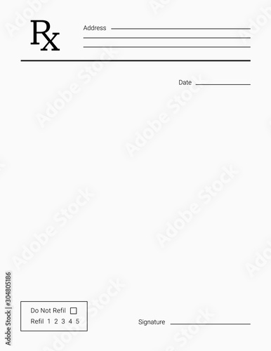 Blank Rx prescription form. Medical treatment and drugs list.