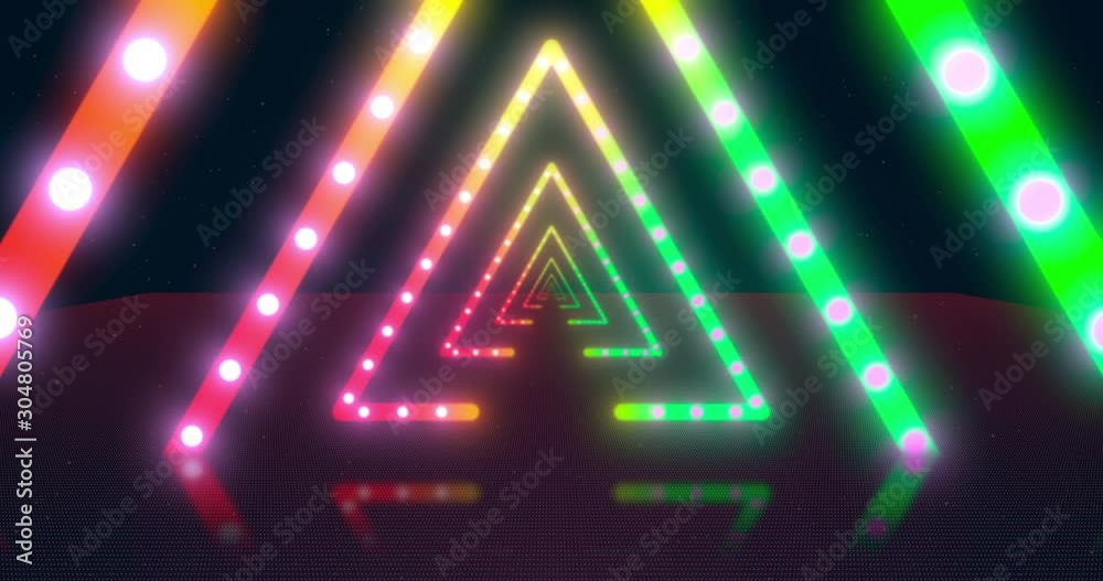 Abstract neon flying triangle tunnel with fluorescent ultraviolet light. Different Colors Rainbow. Seamless loop 4k Abstract neon flying triangle tunnel with fluorescent ultraviolet light. Different Colors Rainbow. Seamless loop 4k