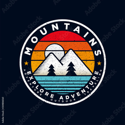 Badge Mountain logo design inspiration, Mountain illustration, outdoor adventure . Vector graphic print for t shirt and other uses. - Vector