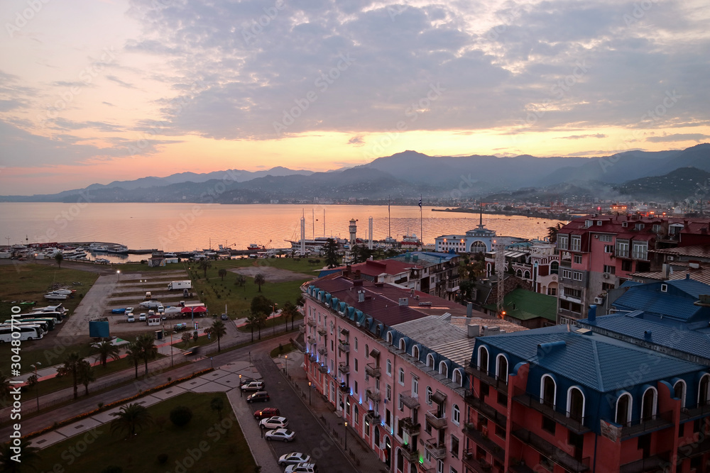 Impressive Aerial View of the Port of Batumi Area in the Early Morning, Adjara Region of Georgia