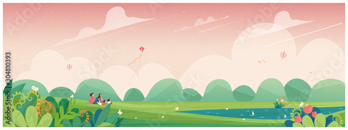 Wild panoramic of spring banner.Family outing to the park or picnic in the countryside with kite, flower blossom, and deer.Concept of people in spring.