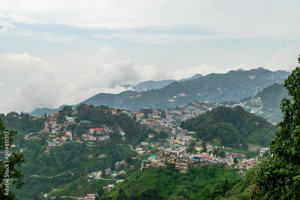 A panoramic view of the Mussoorie cityscape from Landour, Uttarakhand, India