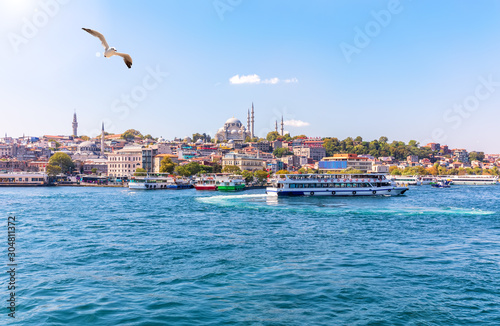 Eminonu pier, the Suleymaniye Mosque and the Bosphorus, Istanbul view