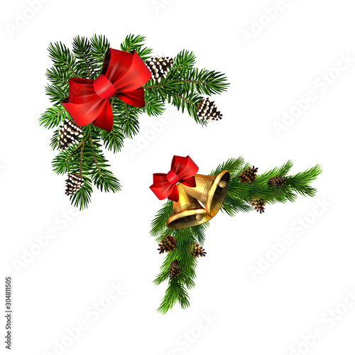 Christmas decorations with fir tree golden jingle bells