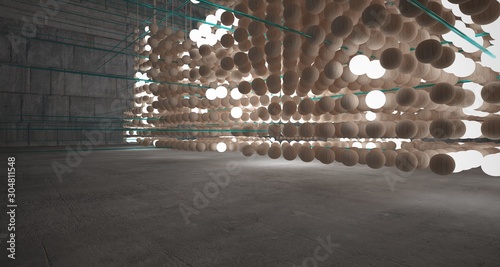Abstract architectural wood and glass interior from an array of spheres with neon lighting. 3D illustration and rendering.