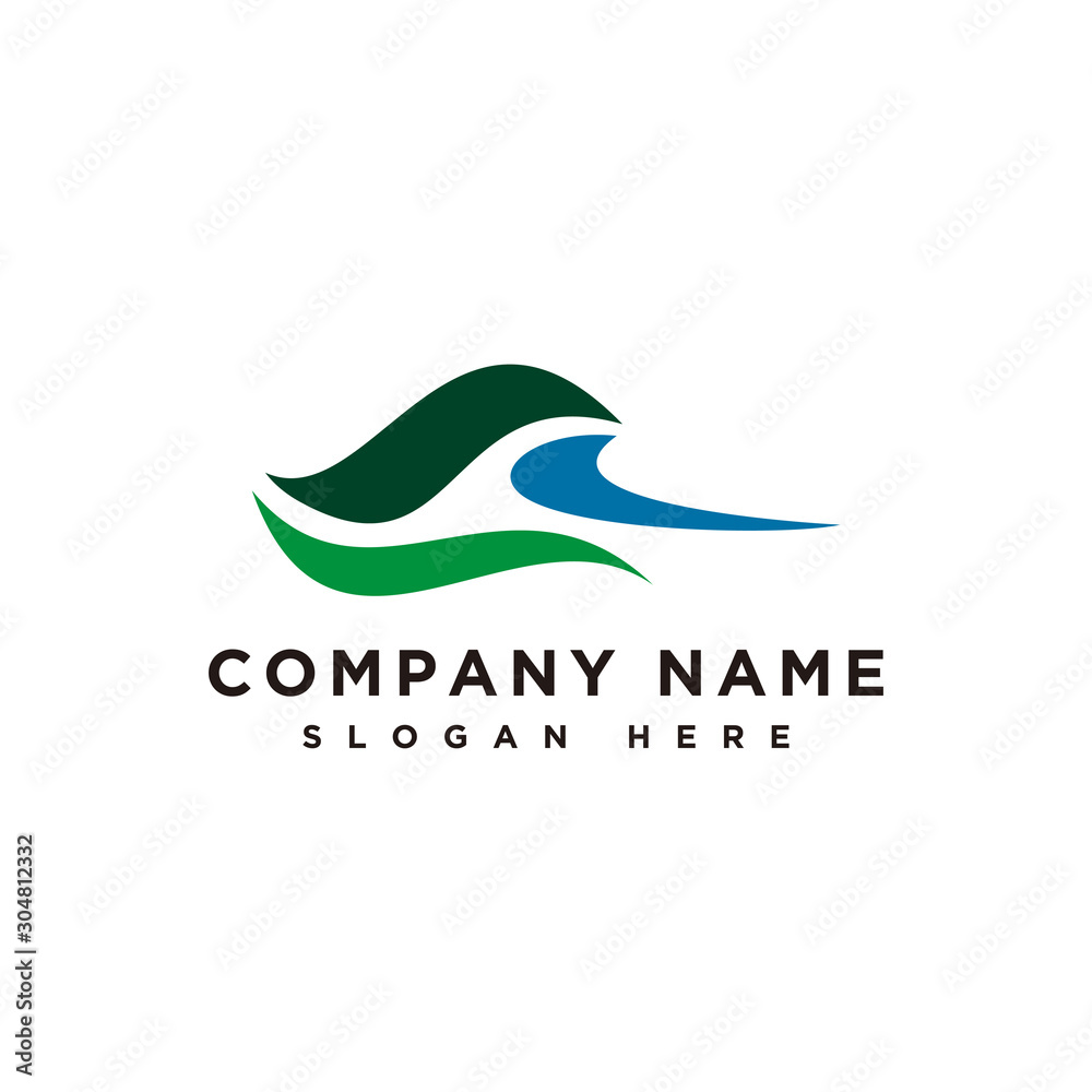 Mountains and river logo, mountains hill landscape logo, farm land icon, logotype vector template