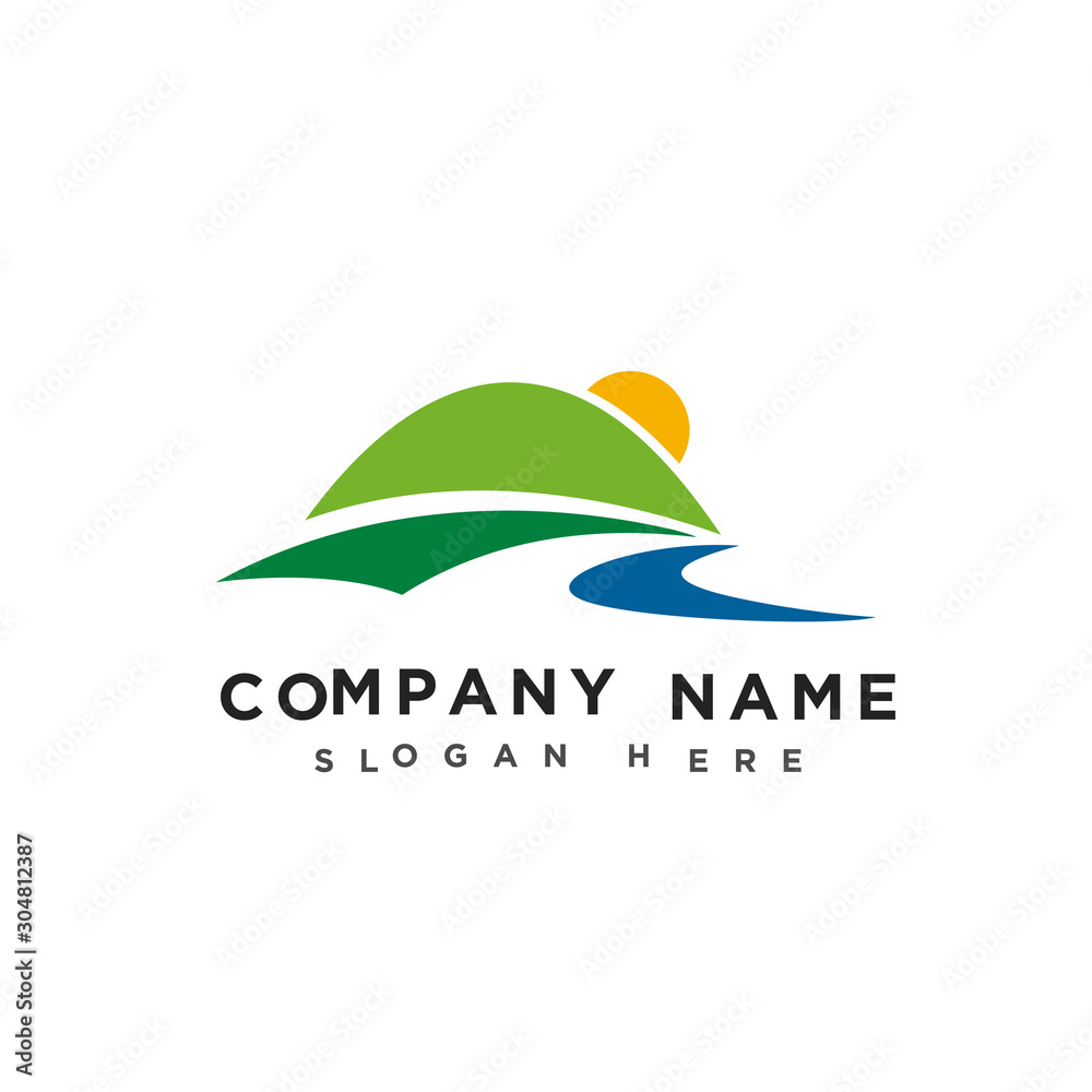 Mountains and river logo, mountains hill landscape logo, farm land icon, logotype vector template Mountains and river logo, mountains hill landscape logo, farm land icon, logotype vector template
