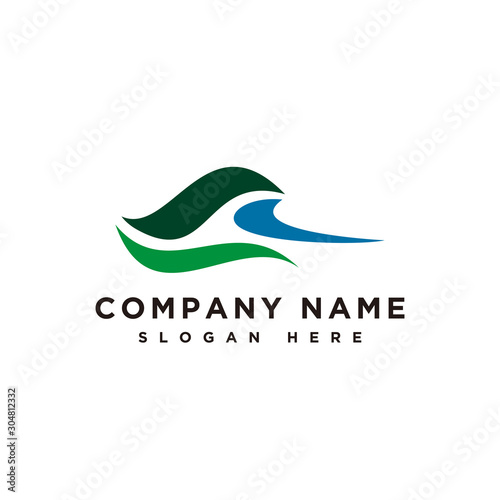 Mountains and river logo, mountains hill landscape logo, farm land icon, logotype vector template