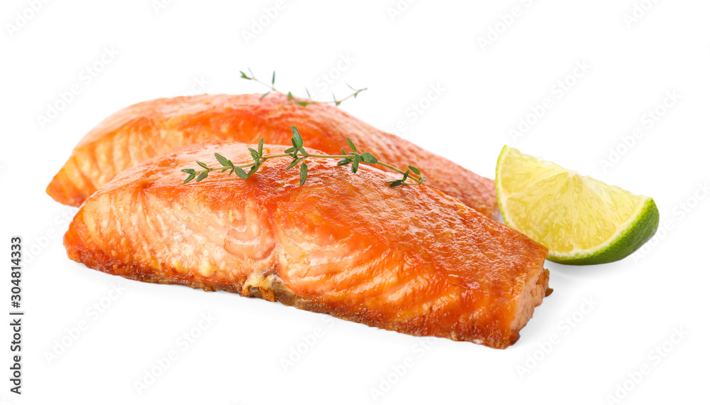 Delicious roasted fish with thyme and lime isolated on white Delicious roasted fish with thyme and lime isolated on white