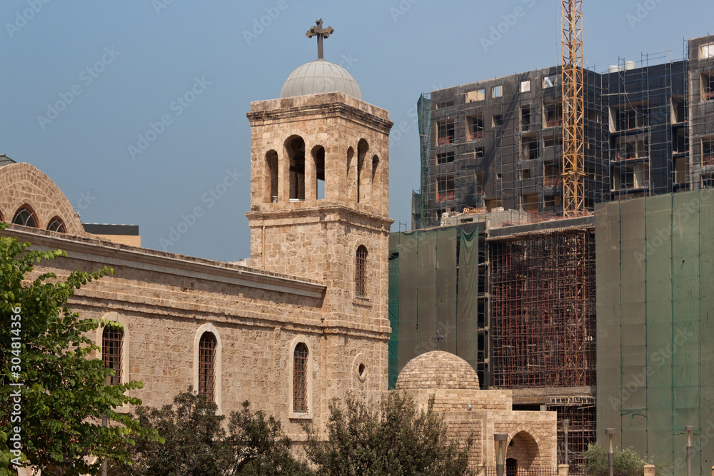 View of tower of the Saint George Greek Orthodox Cathedral in historical part of Beirut, Lebanon. It is the city oldest church (year consecrated 1764).