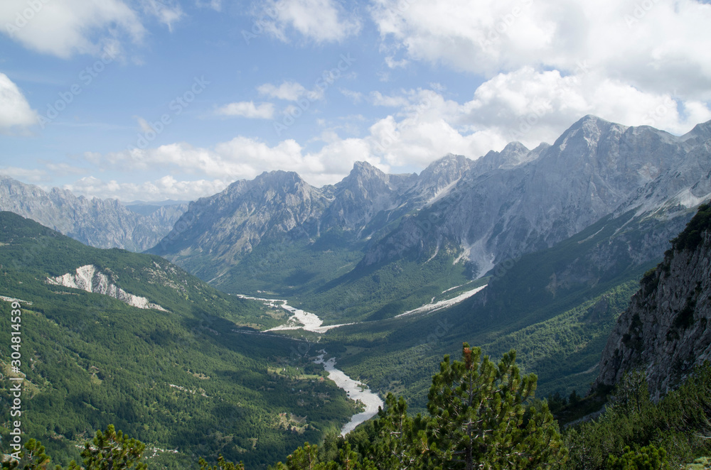 View of green valley Valbona in Valbona Valley National Park,  Albania, Europe - obrazy, fototapety, plakaty 