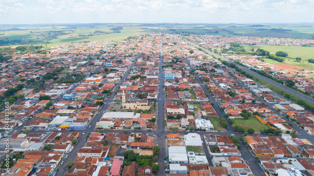 Aerial image of Brodowski city, mother church. Brazil.