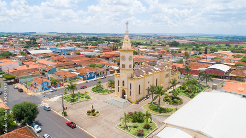 Aerial image of Brodowski city, mother church. Brazil.
