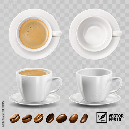 3d realistic vector cup of cappuccino, espresso or americano coffee with froth, top view, side view