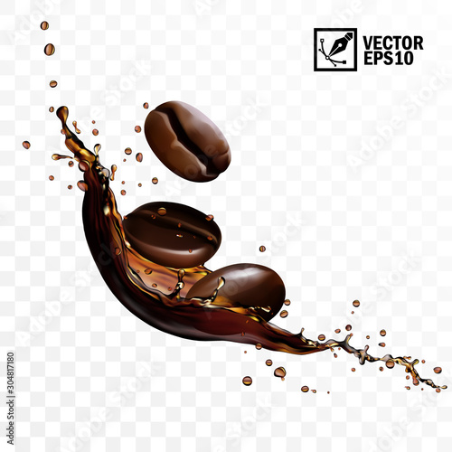 Realistic transparent isolated vector falling splash of coffee with beans, editable handmade mesh