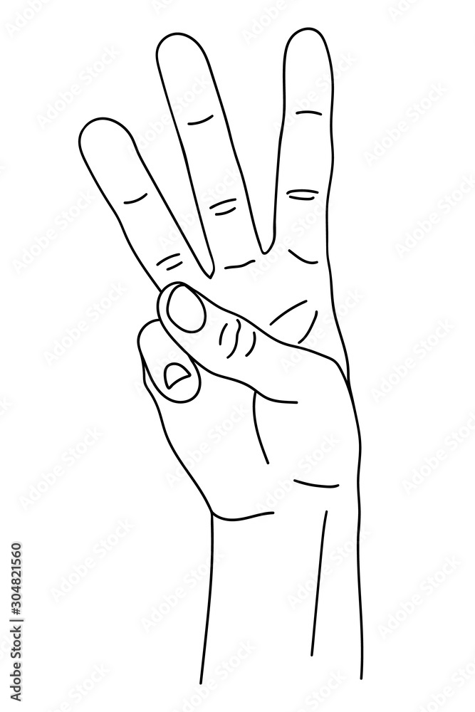 Gesture in the form of three fingers, index, middle and nameless, raised upward. The hand shows the number three on the fingers. Isolated black and white pattern. Website design, illustration