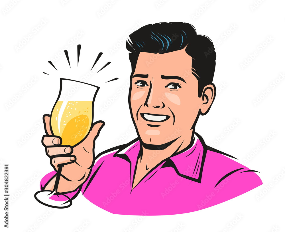 Handsome young man with a glass of champagne. Vector pop art retro comic style Handsome young man with a glass of champagne. Vector pop art retro comic style