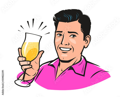 Handsome young man with a glass of champagne. Vector pop art retro comic style