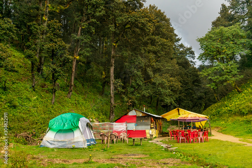 camping tents in the forest, Jalori Pass, Tirthan Valley, Himachal Pradesh, India